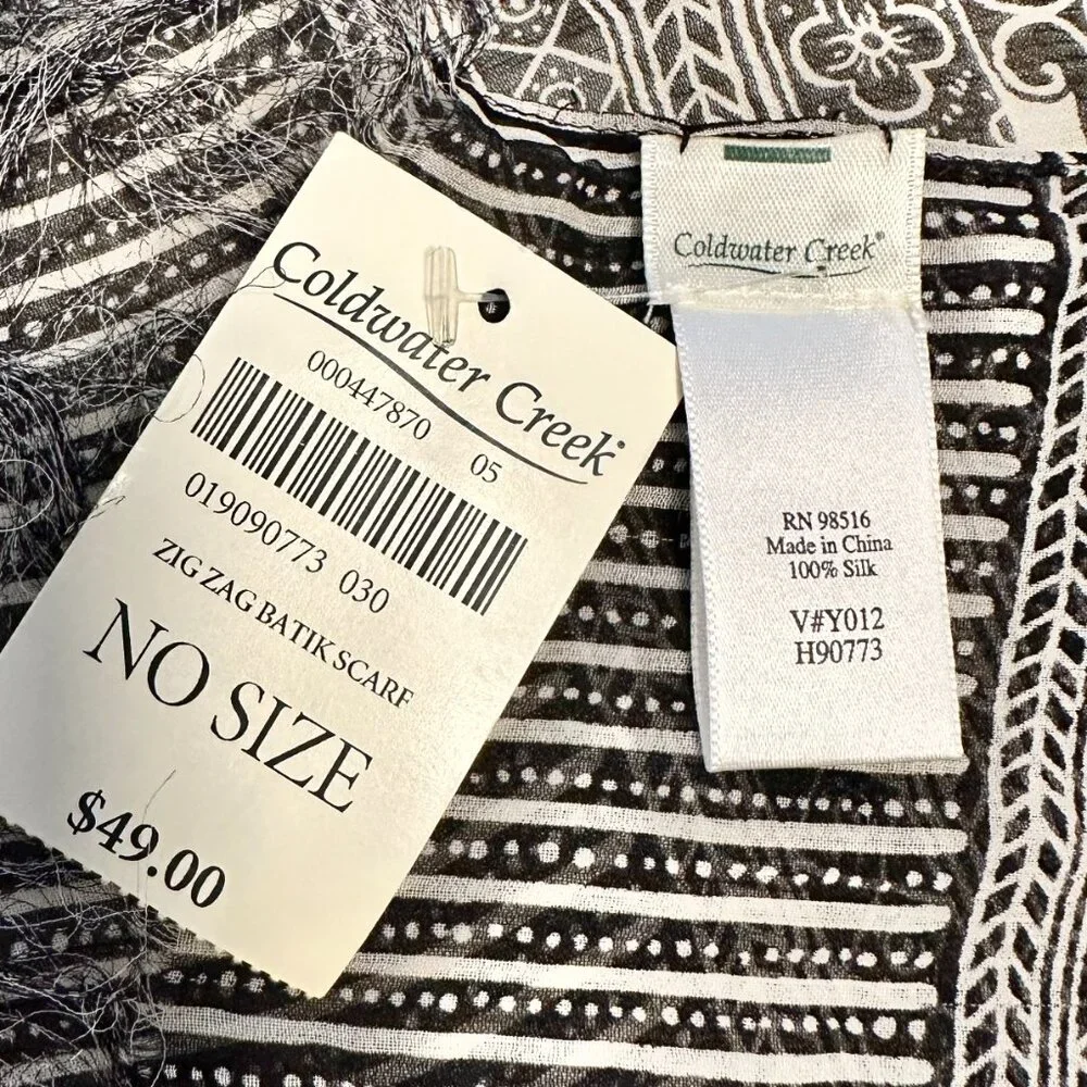 Vintage silk black and white 100% silk batik scarf / shawl from Coldwater Creek